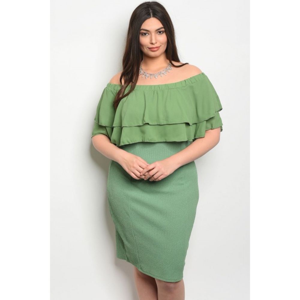 Plus Size Green Ruffled Off Shoulder Dress